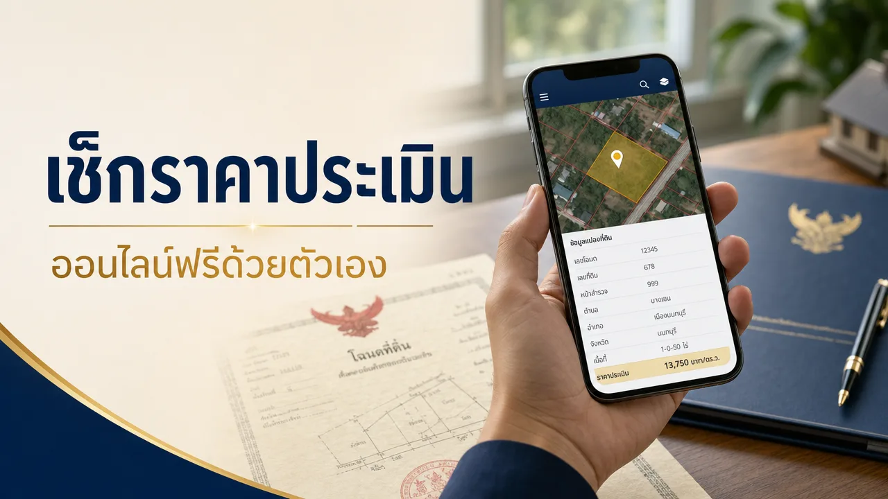 เช็กราคาประเมินที่ดินออนไลน์ สมาร์ทโฟนแสดงแผนผังที่ดินและป้ายราคา