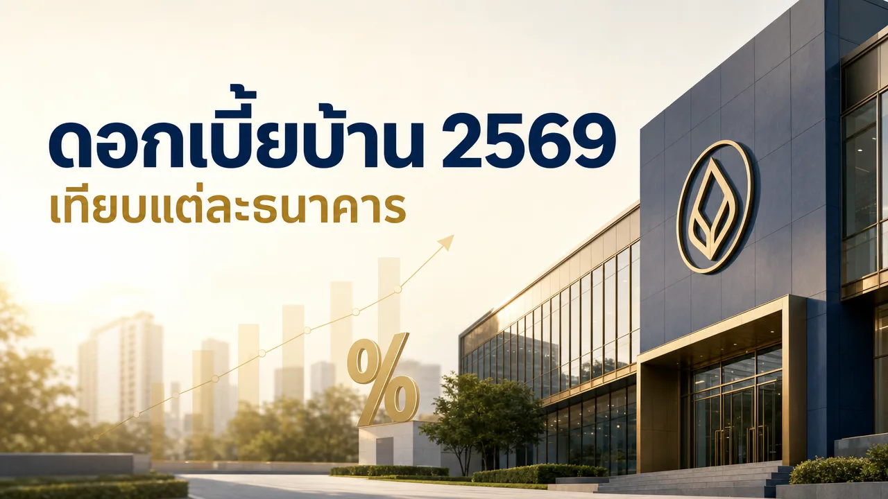 ดอกเบี้ยบ้านแต่ละธนาคาร อาคารธนาคารกับสัญลักษณ์เปอร์เซ็นต์และกราฟ