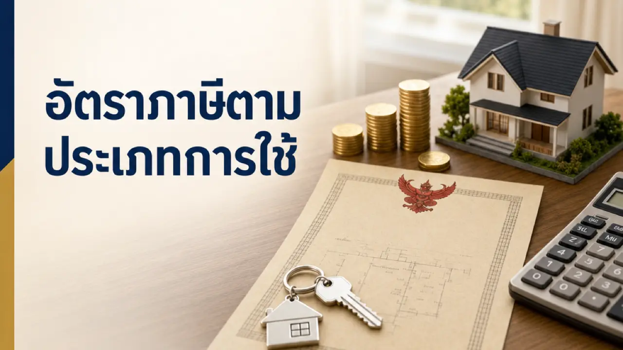 อัตราภาษีที่ดินตามประเภทการใช้ โฉนดที่ดิน บ้านจำลอง เหรียญ และเครื่องคิดเลข