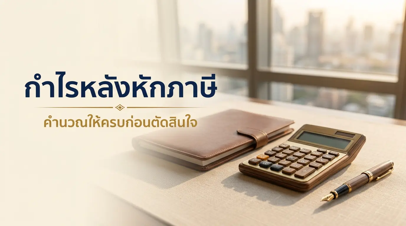 กำไรหลังหักภาษี คำนวณให้ครบก่อนตัดสินใจ เครื่องคิดเลข แฟ้มหนัง และปากกาบนโต๊ะริมหน้าต่าง