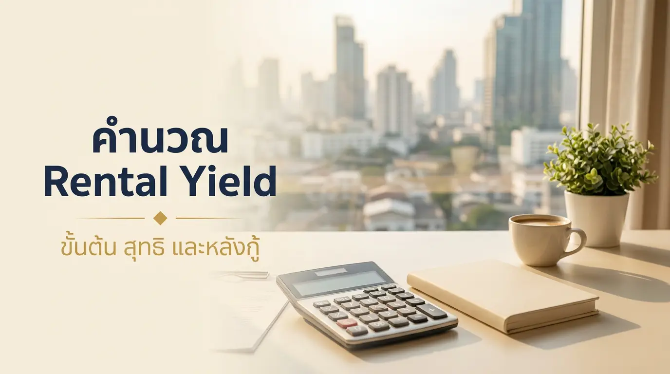 คำนวณ Rental Yield ขั้นต้น สุทธิ และหลังกู้ เครื่องคิดเลขและสมุดบนโต๊ะทำงานริมหน้าต่างวิวกรุงเทพ